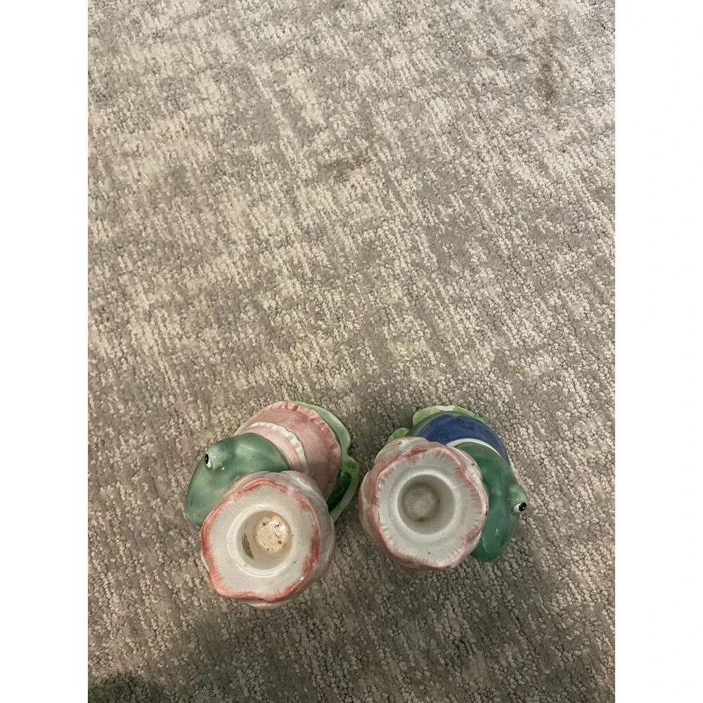 Mary Ann Baker Frog Figural Glazed Ceramic Taper Candle Holders Pair